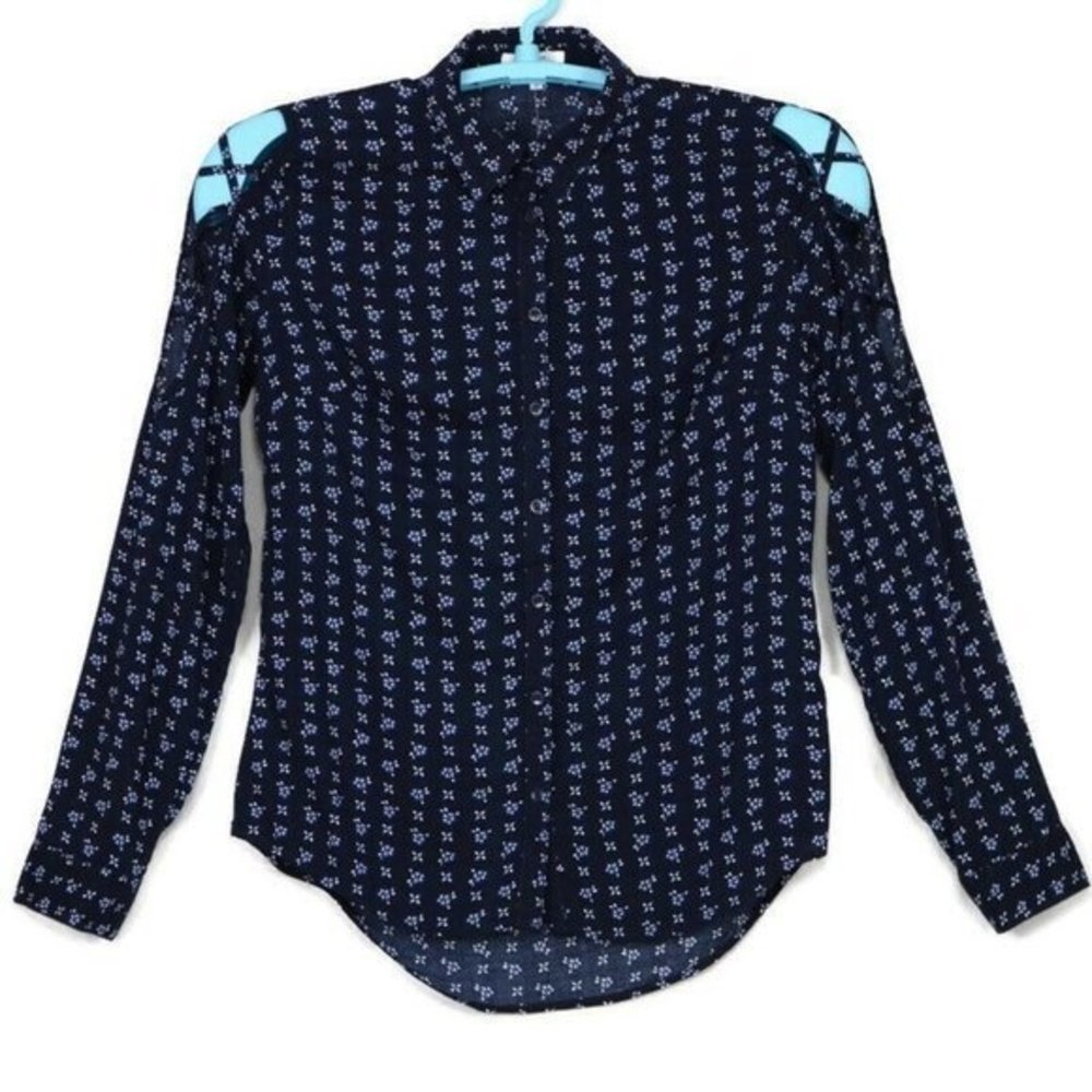 Maurices Blouse‎ Shirt Top Blue White Cold Shoulder Long Sleeve S Small